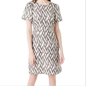 J. Crew black and cream 100% silk flutter sleeve ikat print knee length dress 0